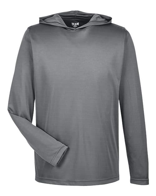 FLG Lacrosse Sport Graphite Men's Zone Performance Hooded T-Shirt, with the Block Lacrosse — Carolina design, on the full front, front view