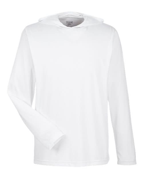 FLG Navy 2031 White Men's Zone Performance Hooded T-Shirt, with the AAA Arched Collegiate design, on the full front, front view