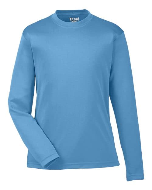 FLG Navy 2031 Sport Light Blue Youth Zone Performance Long Sleeve T-Shirt, with the AAA Arched Collegiate design, on the full chest, front view