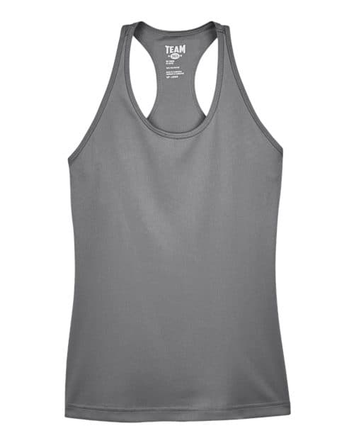 FLG Lacrosse Sport Graphite Women's Zone Performance Racerback Tank, with the Block Lacrosse Be Your R Best Stacked — Carolina & Navy design, on the full front, front view