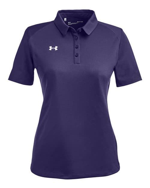 FLG Lacrosse Purple/ White Women's Tech™ Polo, with the Script Lacrosse Be You R Best design, on the left chest, front view