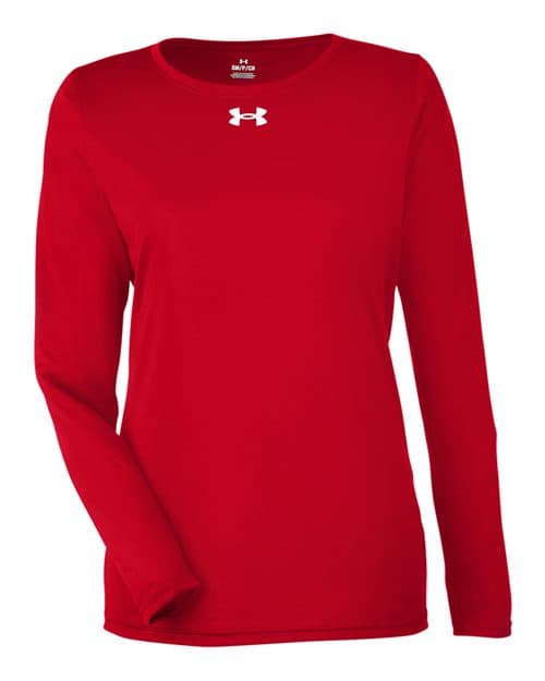 FLG Lacrosse Red/ White Women's Team Tech™ Long Sleeve T-Shirt, with the Block Lacrosse Outline — Carolina & Navy design, on the full chest, front view