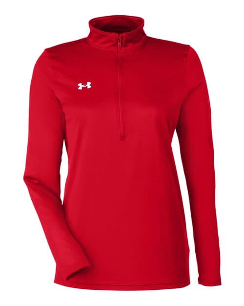 FLG Lacrosse Red/ White Women's Team Tech™ Half-Zip Pullover, with the Block Lacrosse Be Your R Best Stacked — Carolina & Navy design, on the left chest, front view