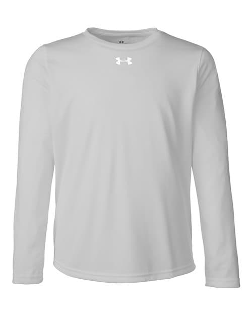 FLG Navy 2031 Mod Grey Light Heather/ White Youth Tech™ Team Long Sleeve T-Shirt, with the AAA Brush Script Stacked design, on the full chest, front view