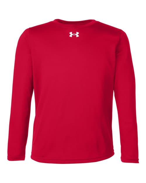 FLG Lacrosse Red/ White Youth Tech™ Team Long Sleeve T-Shirt, with the Block Lacrosse Be You Stacked — Carolina & White design, on the full chest, front view