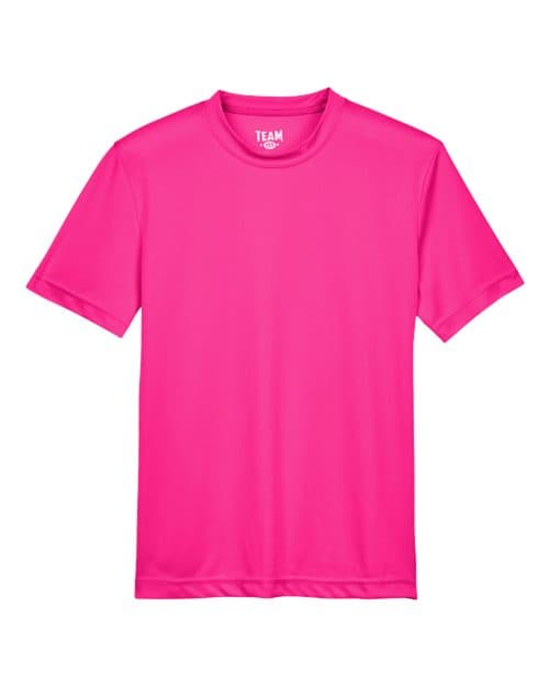 FLG Lacrosse Bright Magenta Youth Zone Performance T-Shirt, with the Block Lacrosse Be You Stacked — Carolina & White design, on the full chest, front view