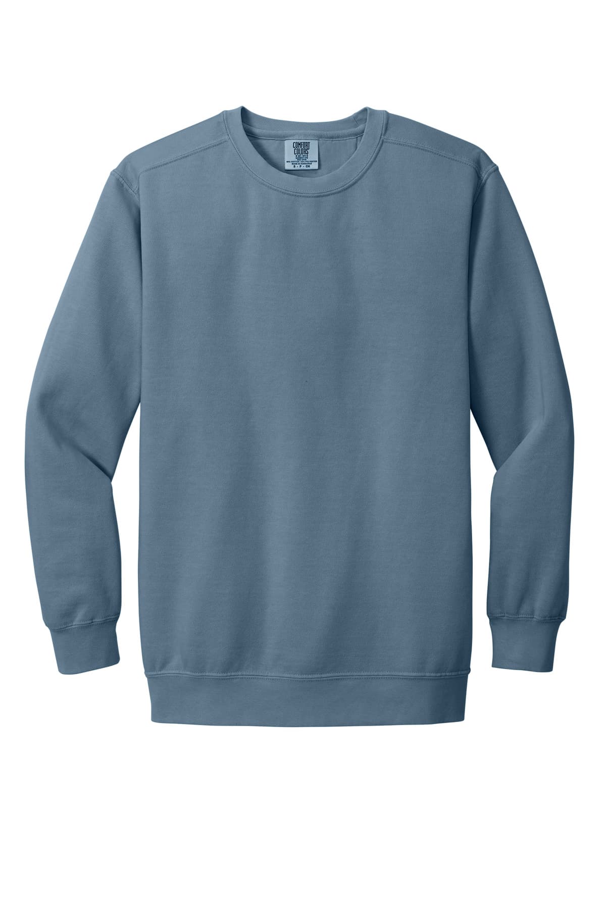 FLG Lacrosse Blue Jean COMFORT COLORS Ring Spun Crewneck Sweatshirt, with the Love of the Game Badge — Navy design, on the full front, front view