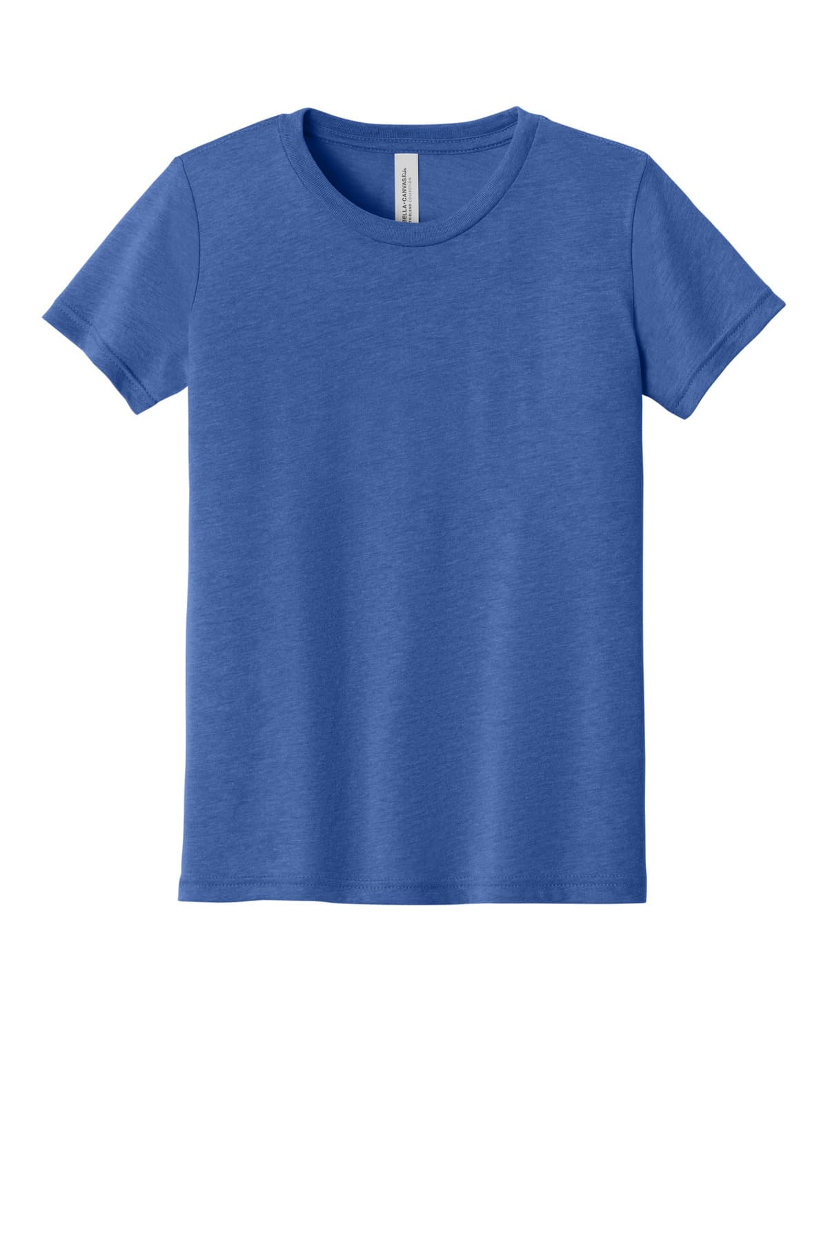 FLG Lacrosse Blue TB BELLA+CANVAS Youth Triblend Short Sleeve Tee, with the Love of the Game Circle Badge Color design, on the full chest, front view