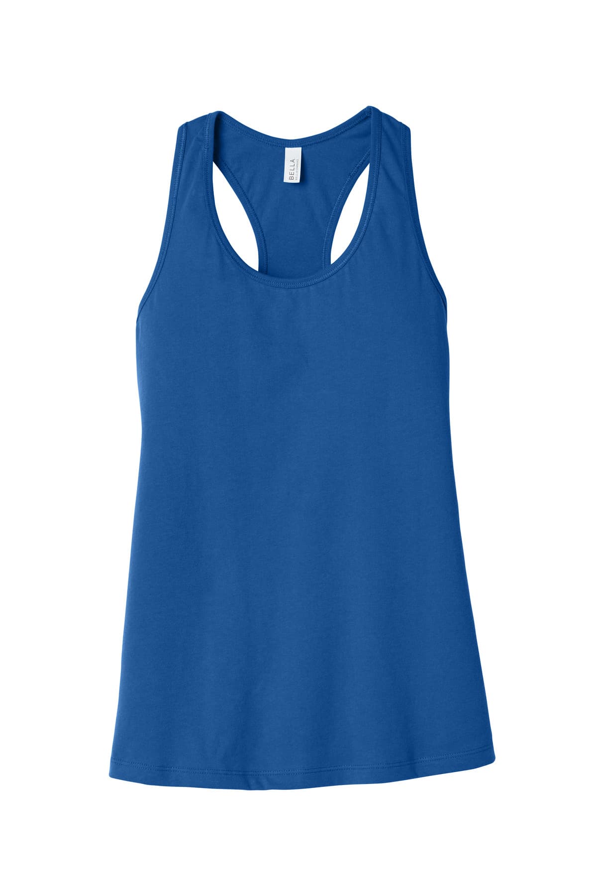 FLG Lacrosse True Royal BELLA+CANVAS Women's Jersey Racerback Tank, with the Block Lacrosse Be Your R Best — Navy & Carolina design, on the full front, front view