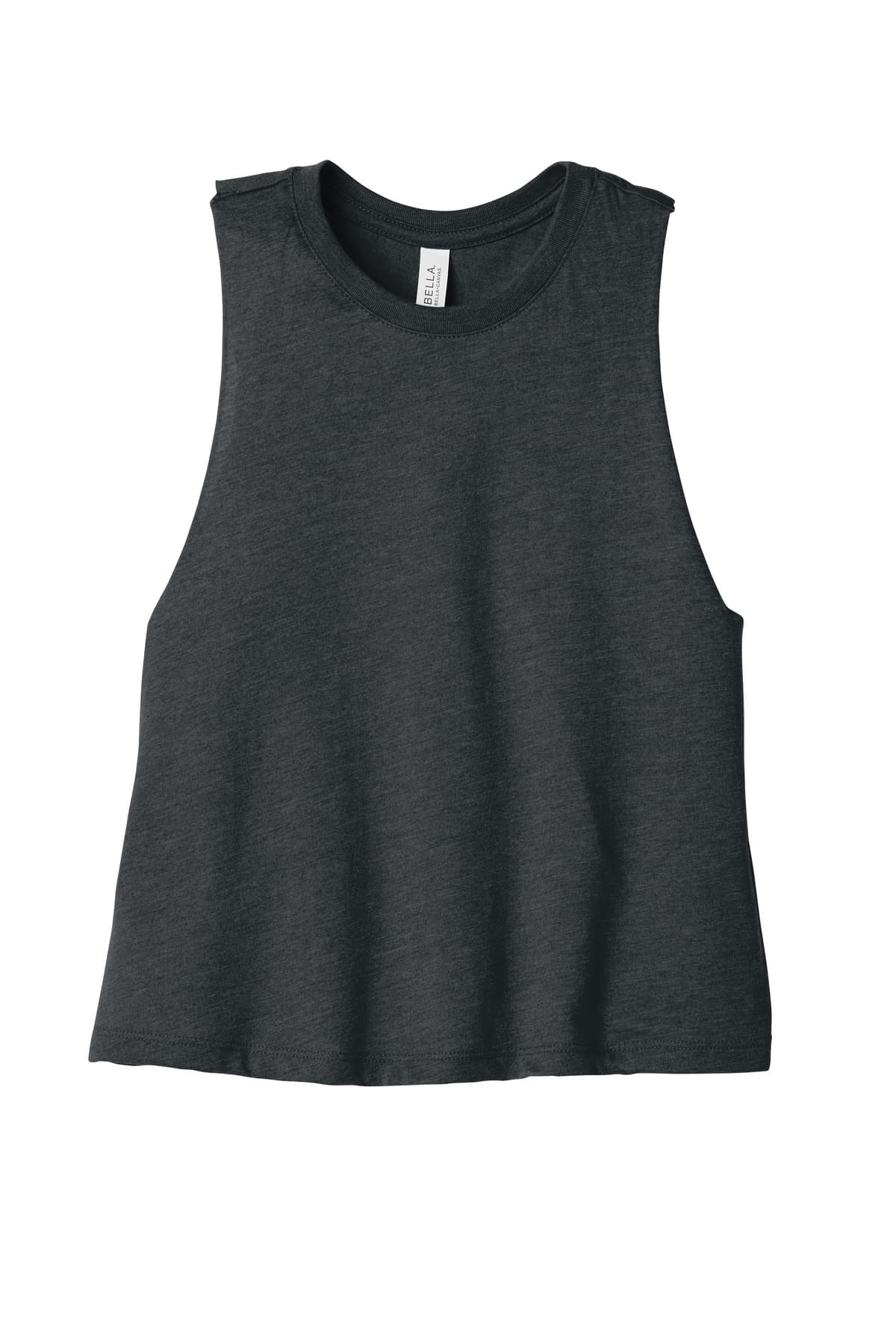 FLG Lacrosse Dark Grey Ht BELLA+CANVAS Women's Racerback Cropped Tank, with the Block Lacrosse Be Your Best Stacked — Navy & Carolina design, on the full front, front view