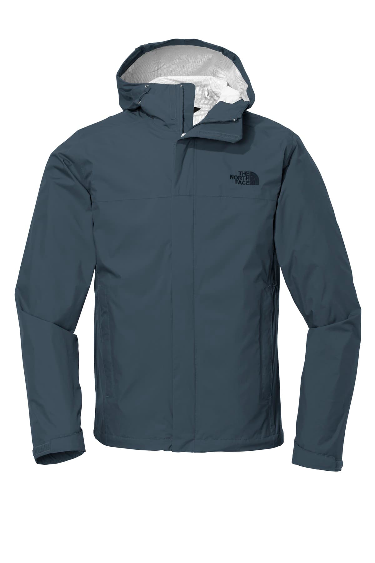 FLG Lacrosse Shady Blue The North Face DryVent Rain Jacket, with the Love of the Game Circle Badge Full Color design, on the left chest, front view