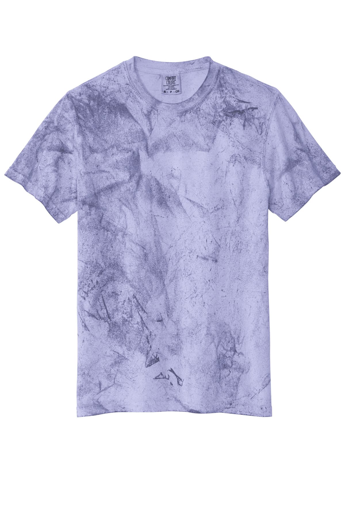 FLG Lacrosse Amethyst Comfort Colors Heavyweight Color Blast Tee, with the Block Lacrosse Be Your Best Stacked — Navy & Carolina design, on the full chest, front view