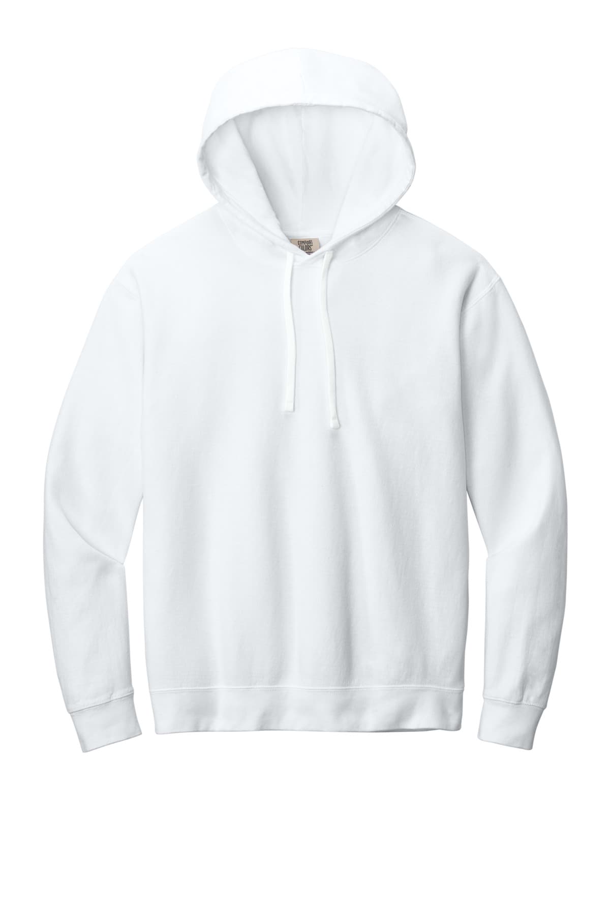 FLG Lacrosse White Comfort Colors Lightweight Hooded Sweatshirt, with the Block Lacrosse R Best — Navy & White design, on the full front, front view