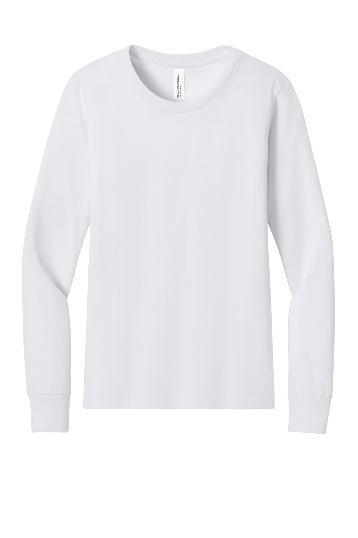 FLG Lacrosse White BELLA+CANVAS Youth Jersey Long Sleeve Tee, with the Long Island Lacrosse Stick Circle — Carolina & White design, on the full chest, front view