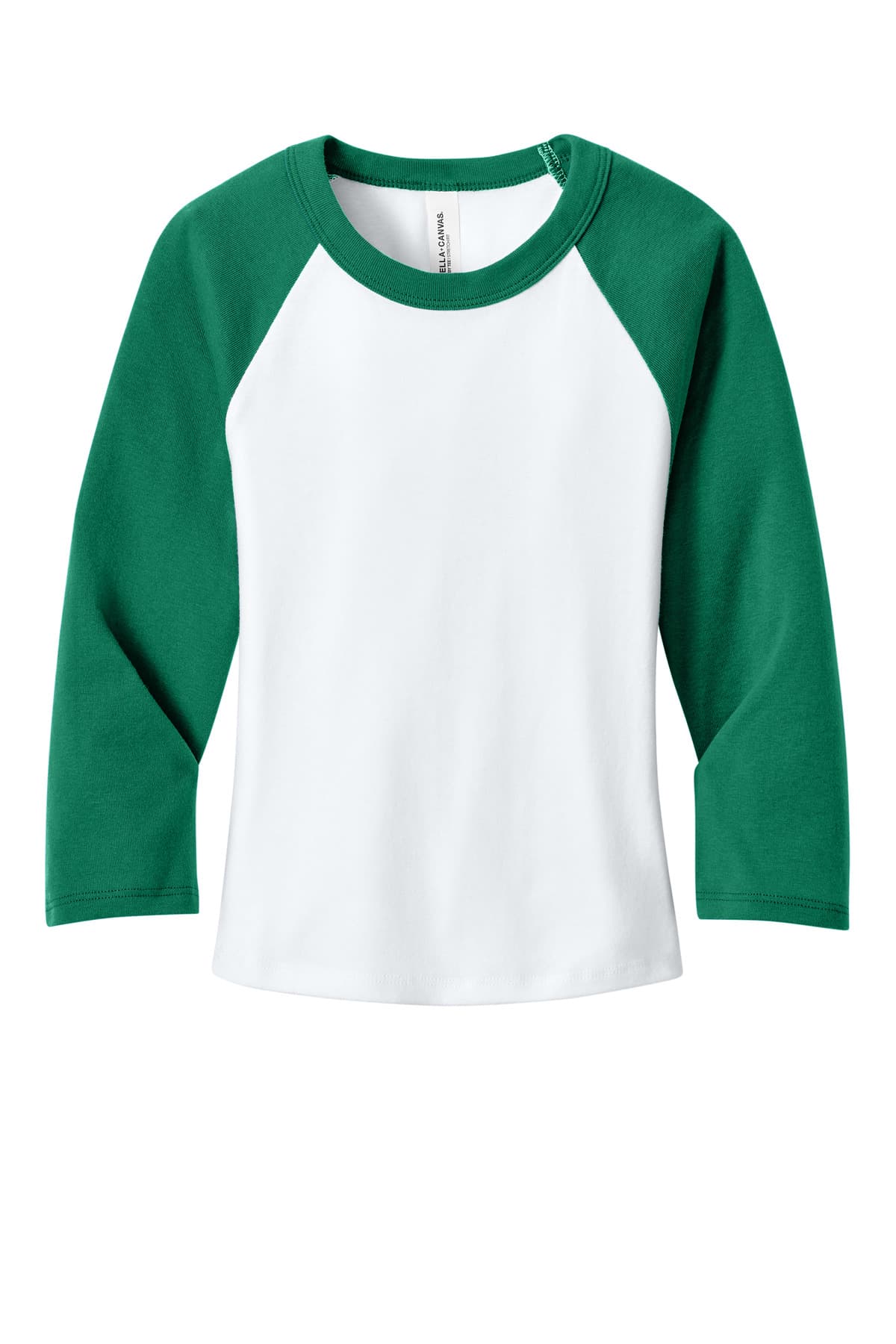 FLG Lacrosse Wht/Kelly BELLA+CANVAS Women's Micro Rib 3/4 Raglan Baby Tee, with the Script Lacrosse Be You R Best — Carolina & White design, on the full chest, front view