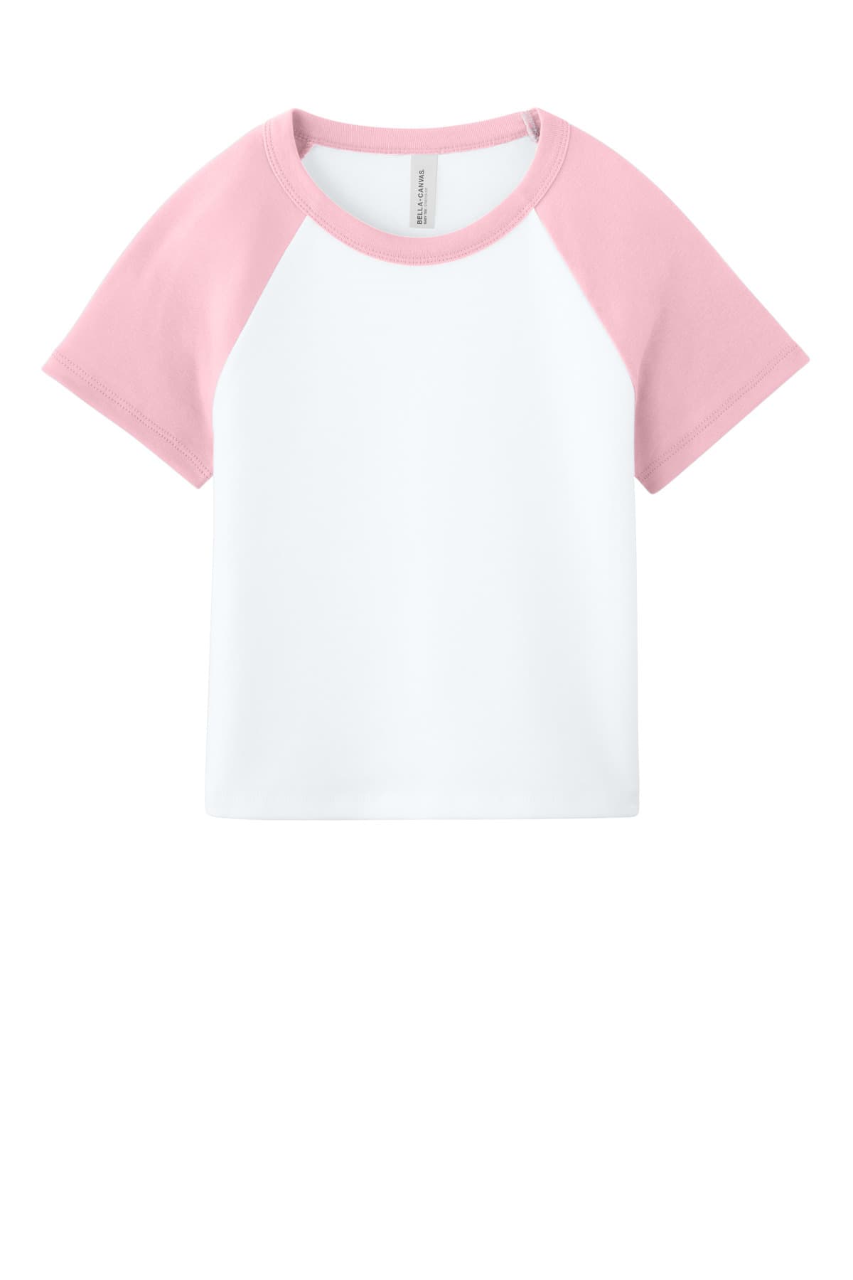 FLG Navy 2031 White/Pink BELLA+CANVAS Women's Micro Rib Raglan Baby Tee, with the AAA Arched Collegiate design, on the full chest, front view