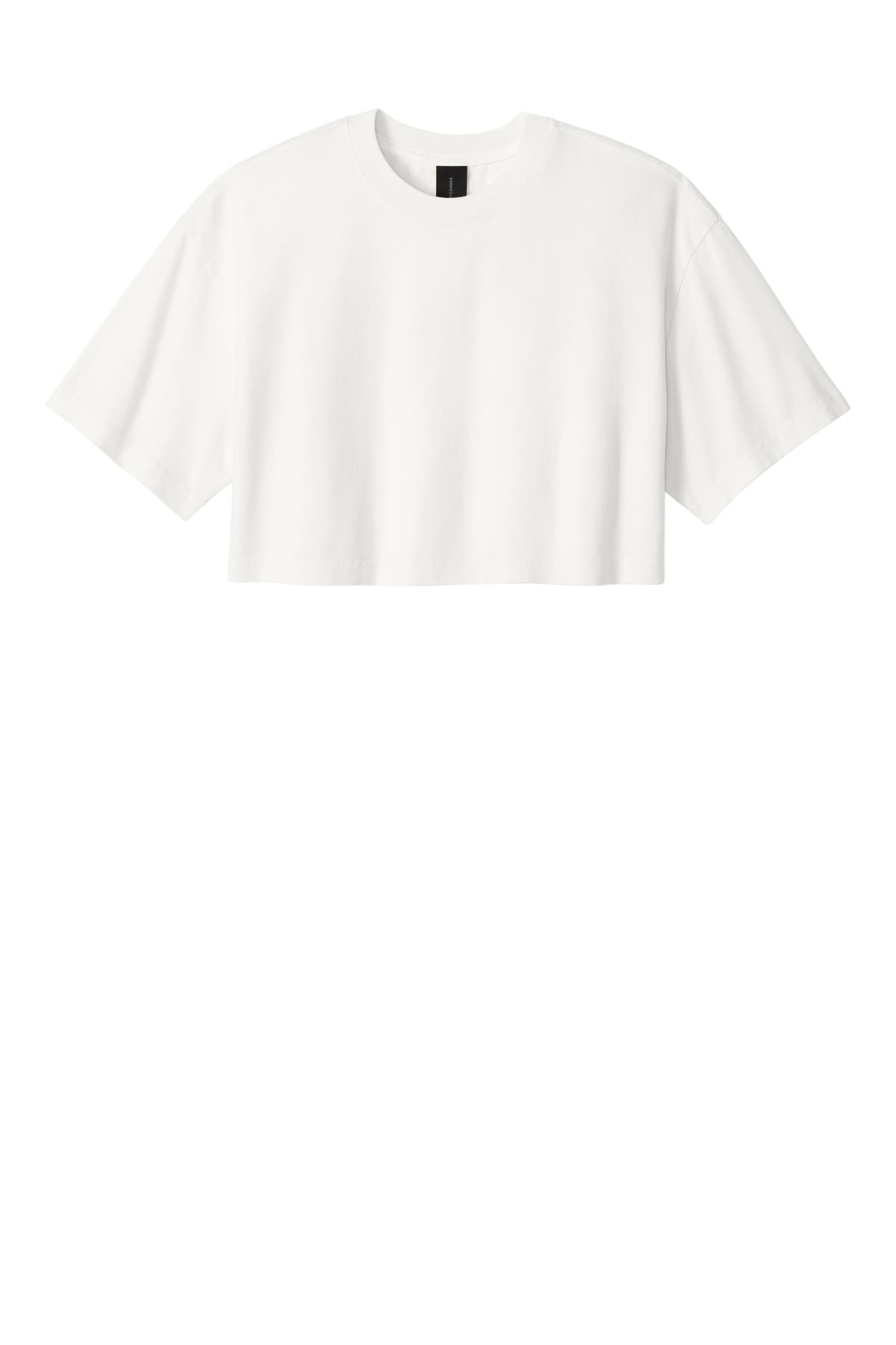 FLG Lacrosse VtgWhite BELLA+CANVAS Women's Heavyweight Garment-Dyed Cropped Tee, with the Block Lacrosse Be Your Best Stacked — Navy & Carolina design, on the full chest, front view