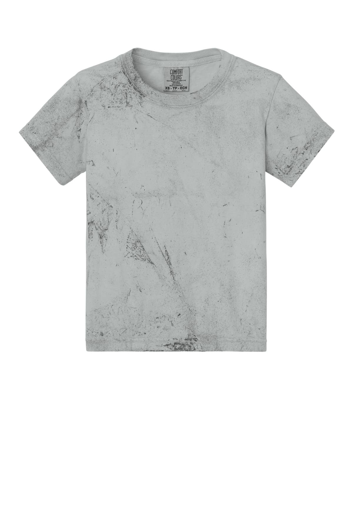 FLG Lacrosse Smoke Comfort Colors Youth Heavyweight Color Blast Tee, with the Block Lacrosse Be Your Best Stacked — Navy & Carolina design, on the full chest, front view