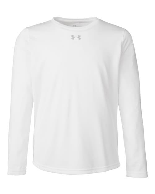 FLG Lacrosse White/ Mod Grey Youth Tech™ Team Long Sleeve T-Shirt, with the You vs You design, on the full chest, front view