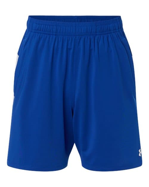 FLG Lacrosse Royal/ White/ White Men’s Tech Vent 7" Shorts, with the Block Be You — Navy & White design, on the left leg logo, front view