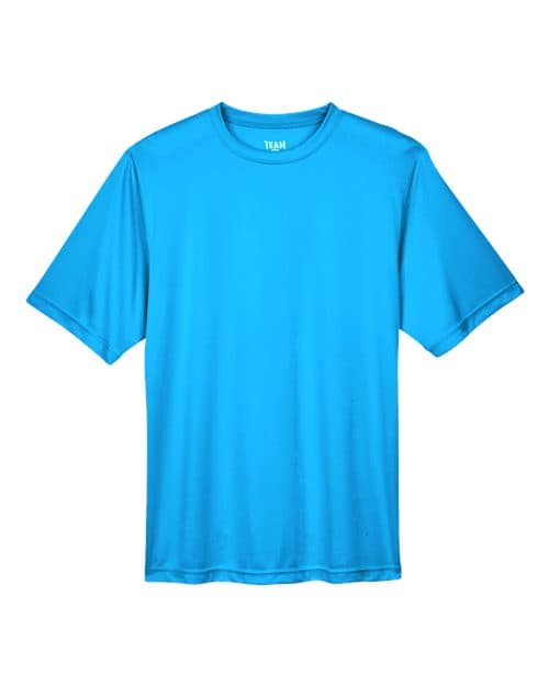 FLG Lacrosse Electric Blue Men's Zone Performance T-Shirt, with the Block Lacrosse — Carolina design, on the full chest, front view