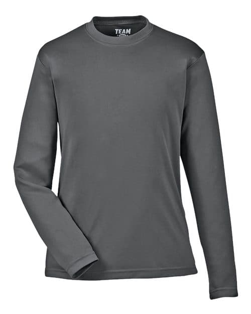 FLG Lacrosse Sport Graphite Youth Zone Performance Long Sleeve T-Shirt, with the Love of the Game Badge — Navy design, on the full chest, front view