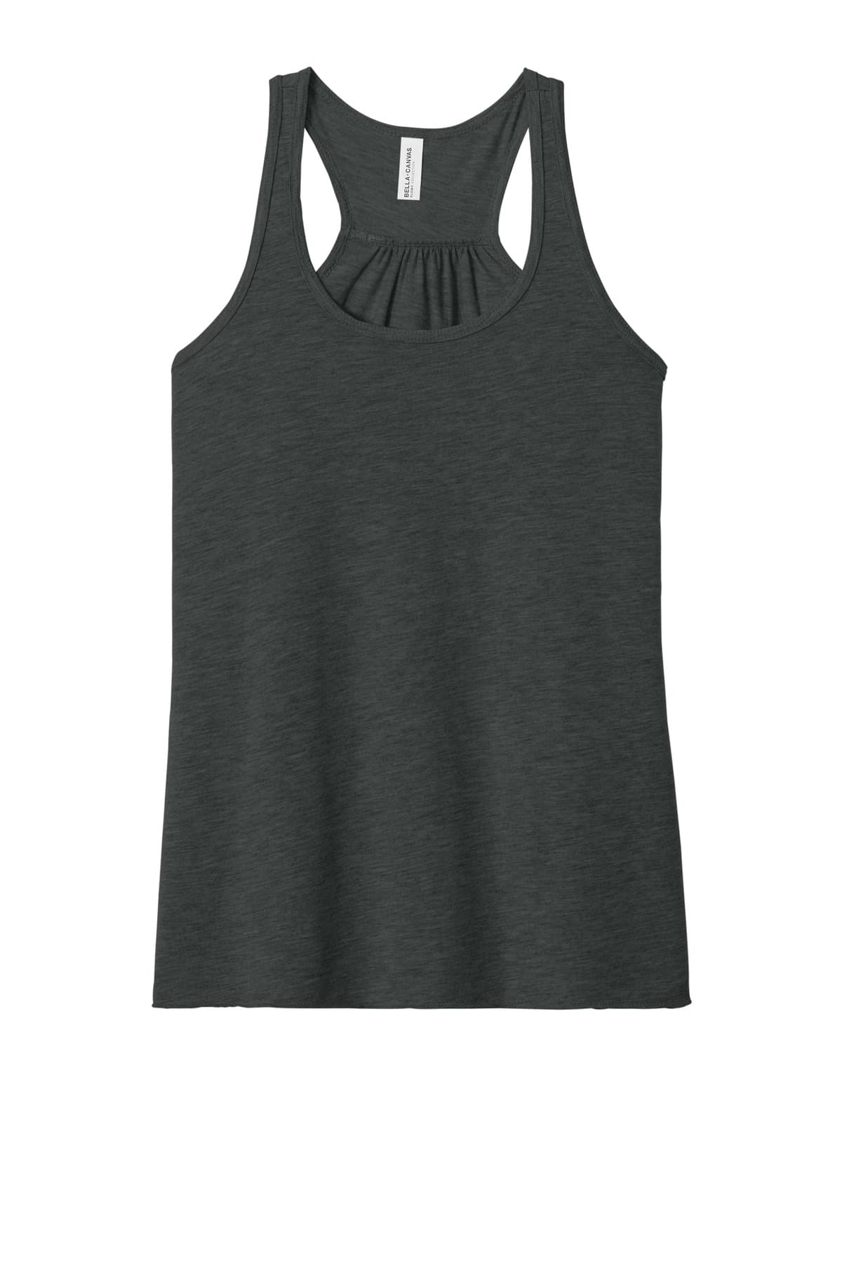 FLG Lacrosse Dark Grey Ht BELLA+CANVAS Women's Flowy Racerback Tank, with the Block Lacrosse Be You Stacked — Carolina & White design, on the full front, front view