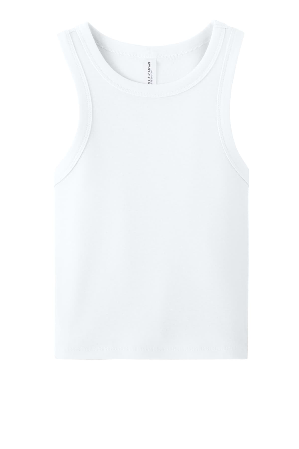 FLG Lacrosse SldWhBlend BELLA+CANVAS Women's Micro Rib Racer Tank, with the Block Lacrosse Be Your Best — Carolina & Navy design, on the full front, front view
