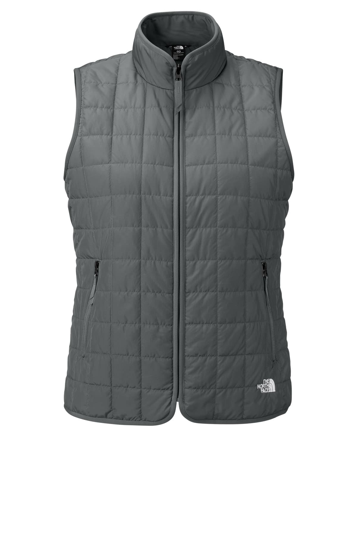 FLG Lacrosse SmokedPrGy The North Face Women's Iron Drift Quilted Vest, with the Block Lacrosse Be You — Carolina & White design, on the right chest, front view