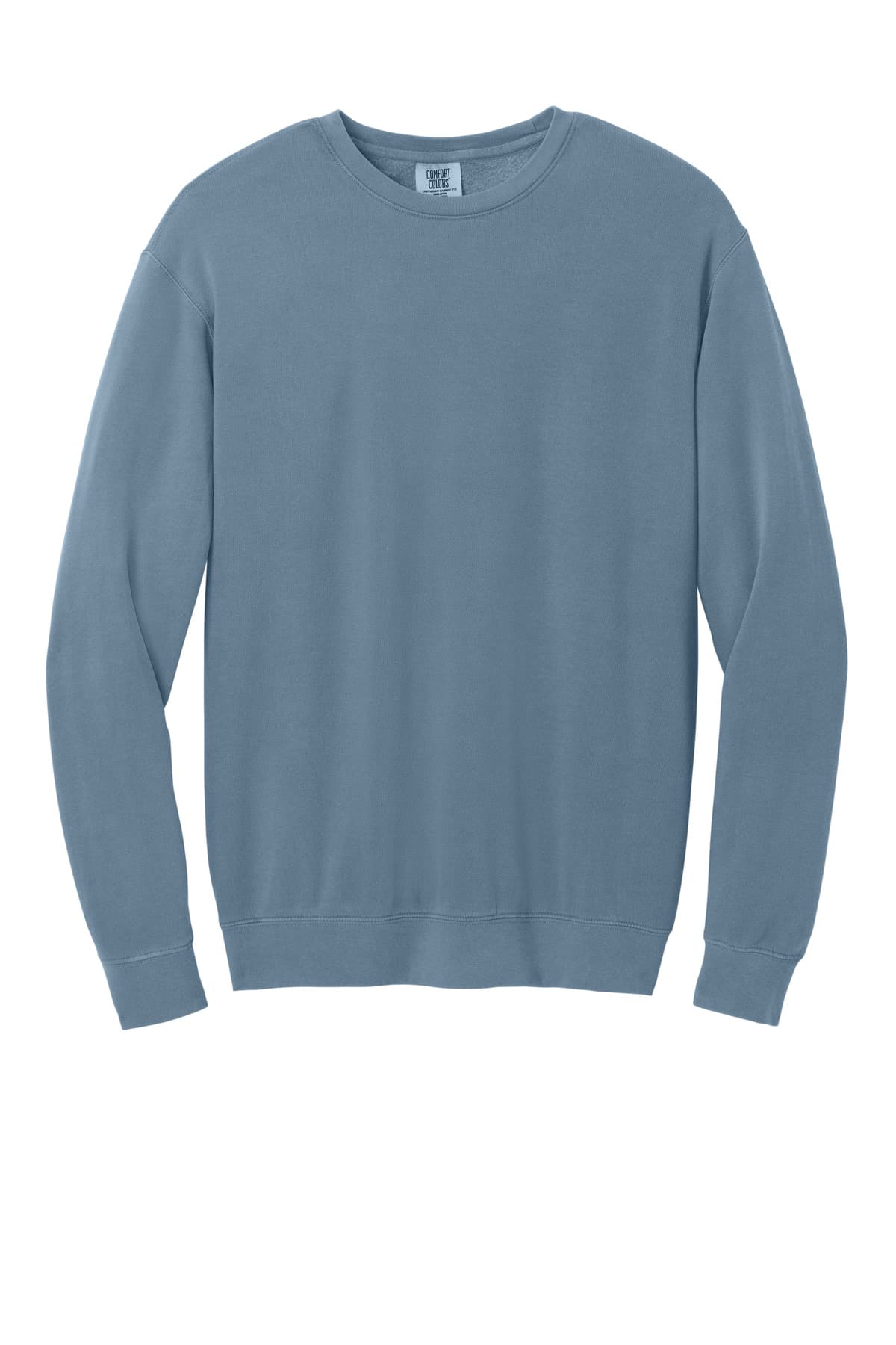 FLG Lacrosse BlueJean Comfort Colors Lightweight Crewneck Sweatshirt, with the Block Lacrosse Be Your Best — Carolina & Navy design, on the full front, front view