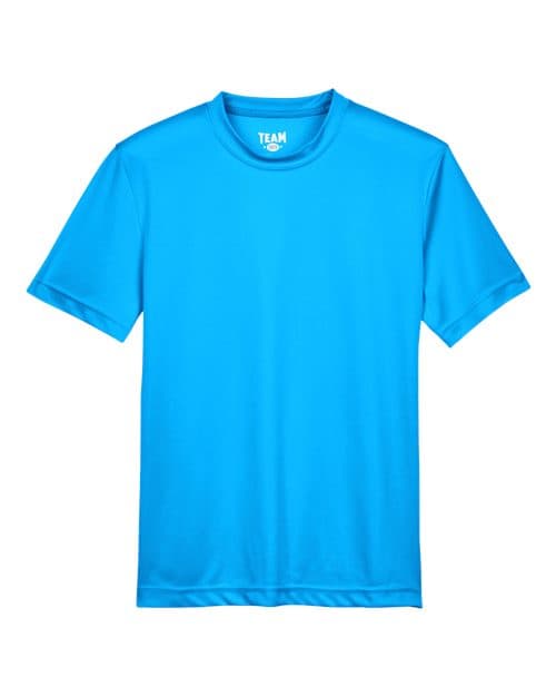 FLG Lacrosse Electric Blue Youth Zone Performance T-Shirt, with the Lacrosse Block Logo Primary design, on the full chest, front view