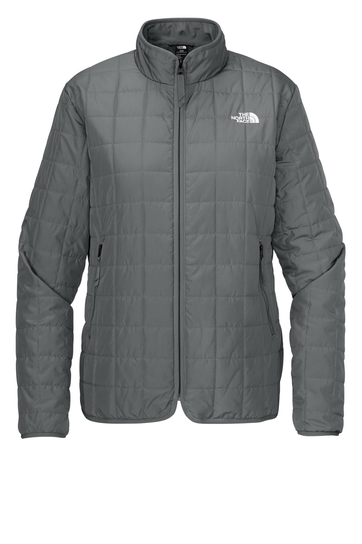 FLG Lacrosse SmokedPrGy The North Face Women's Iron Drift Quilted Jacket, with the Block Lacrosse Be You Stacked — Carolina & White design, on the right chest, front view