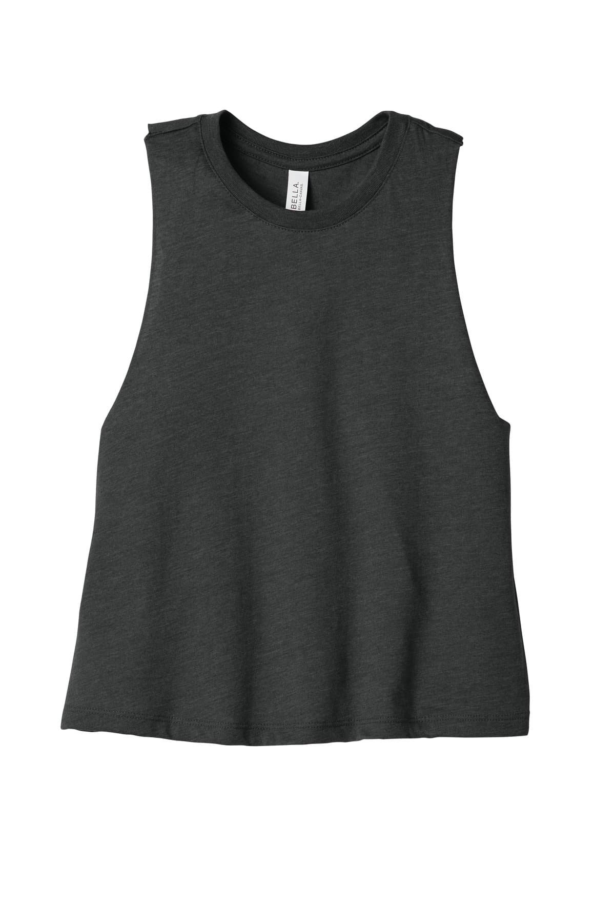 FLG Lacrosse Dark Grey Ht BELLA+CANVAS Women's Racerback Cropped Tank, with the Block Lacrosse Be Your R Best — Navy & Carolina design, on the full front, front view