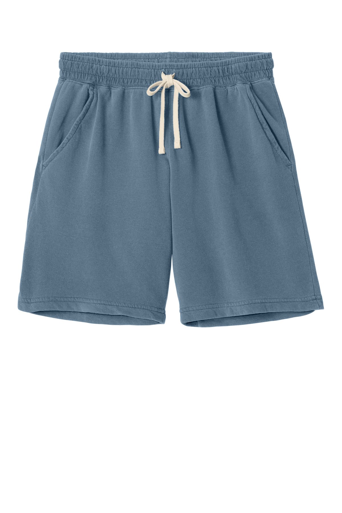 FLG Lacrosse BlueJean Comfort Colors Lightweight Sweatshort, with the Script Lacrosse Be You R Best — Carolina & Navy design, on the left leg logo, front view