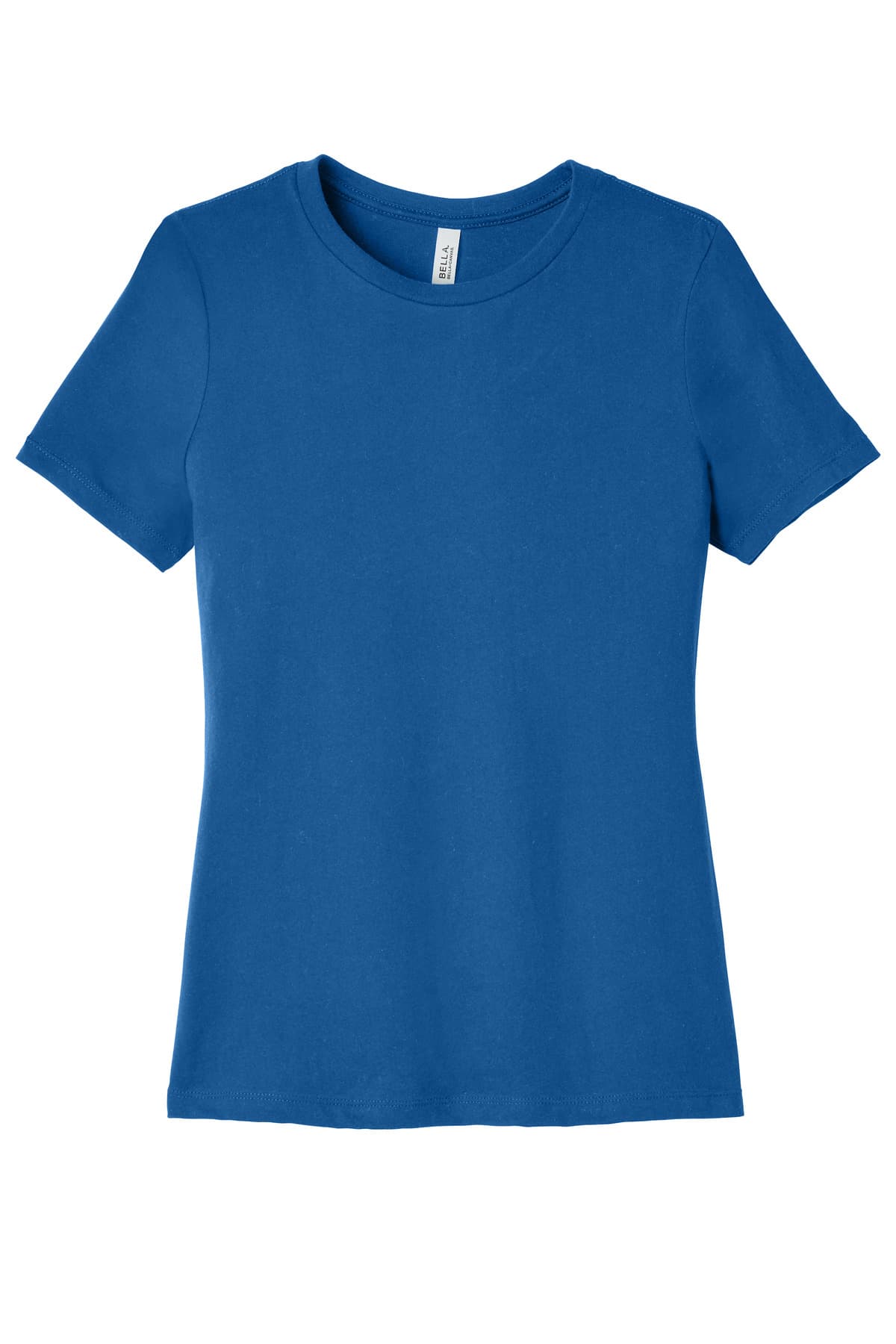FLG Lacrosse TrueRoyal BELLA+CANVAS Women's Relaxed Jersey Short Sleeve Tee, with the Block Lacrosse Outline — Carolina & Navy design, on the full chest, front view
