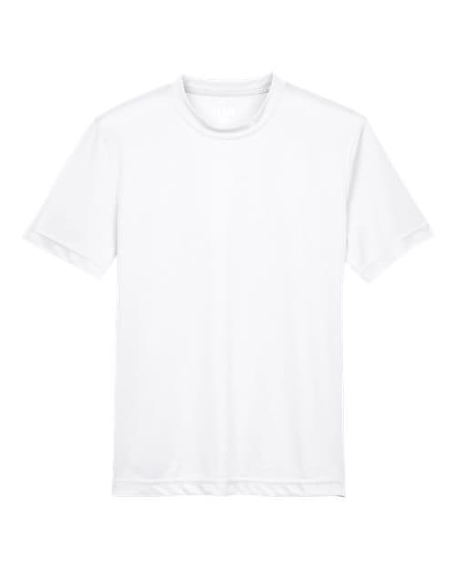 FLG Navy 2031 White Youth Zone Performance T-Shirt, with the AAA Arched Collegiate design, on the full chest, front view