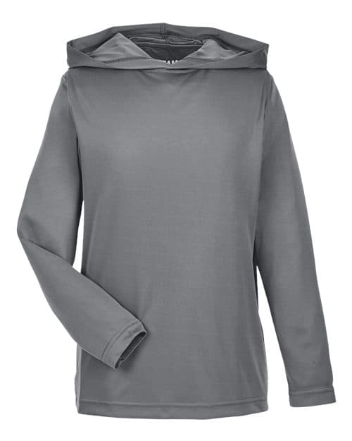 FLG Lacrosse Sport Graphite Youth Zone Performance Hooded Long Sleeve T-Shirt, with the Block Lacrosse Be Your Best — Carolina & Navy design, on the full front, front view