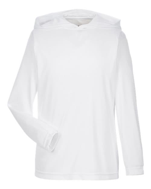 FLG Navy 2031 White Youth Zone Performance Hooded Long Sleeve T-Shirt, with the AAA Arched Collegiate design, on the full front, front view