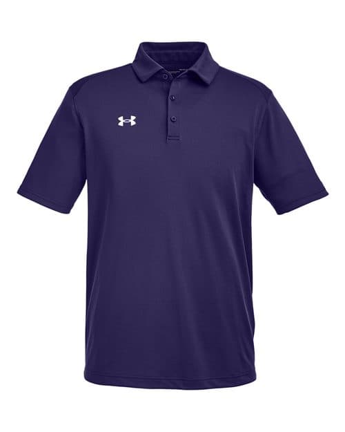FLG Lacrosse Purple/ White Men's Tech™ Polo, with the Block Lacrosse Be You — Carolina & White design, on the left chest, front view