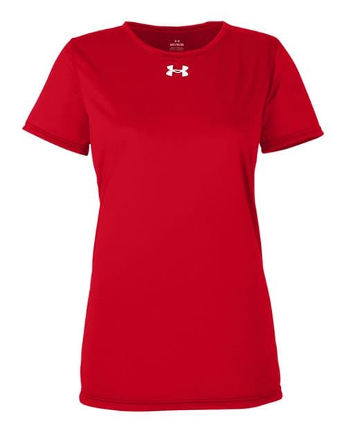 FLG Lacrosse Red/ White Women's Team Tech™ T-Shirt, with the Block Lacrosse Be Your R Best — Navy & Carolina design, on the full chest, front view