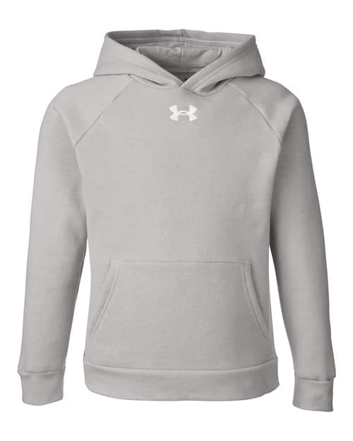 FLG Navy 2031 Mod Grey Light Heather/ White Youth Rival Fleece Hooded Sweatshirt, with the AAA Arched Collegiate design, on the full front, front view