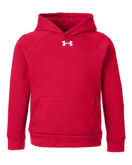 FLG Lacrosse Red/ White Youth Rival Fleece Hooded Sweatshirt, with the Block Lacrosse — Carolina design, on the full front, front view
