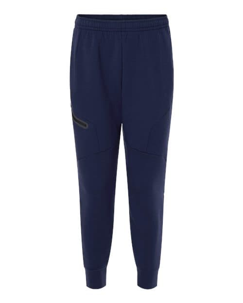 FLG Lacrosse Midnight Navy/ Black Men's Unstoppable Fleece Joggers, with the Long Island Lacrosse Stick Circle — Carolina & White design, on the left leg logo, front view
