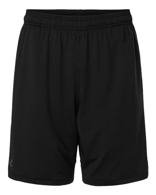 FLG Lacrosse Black/ Castlerock Men's Tech™ Vent 9" Shorts, with the Long Island Lacrosse Stick Circle — Carolina & White design, on the left leg logo, front view