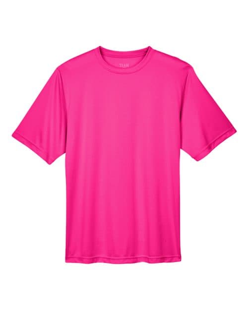 FLG Lacrosse Bright Magenta Men's Zone Performance T-Shirt, with the Block Lacrosse Be You — Carolina & White design, on the full chest, front view