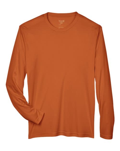 FLG Lacrosse Sport Burnt Orange Men's Zone Performance Long Sleeve T-Shirt, with the Script Lacrosse Be You R Best — Navy, Carolina & White design, on the full chest, front view