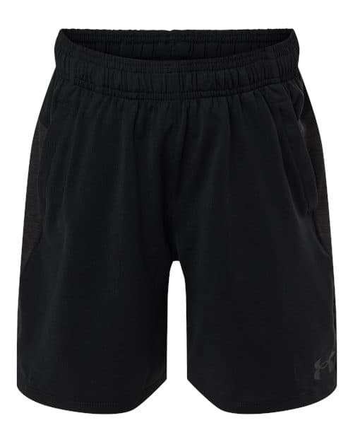 FLG Lacrosse Black/ Black/ Jet Grey Youth Tech™ Vent Short, with the Script Lacrosse Be You R Best — Carolina & White design, on the left leg logo, front view