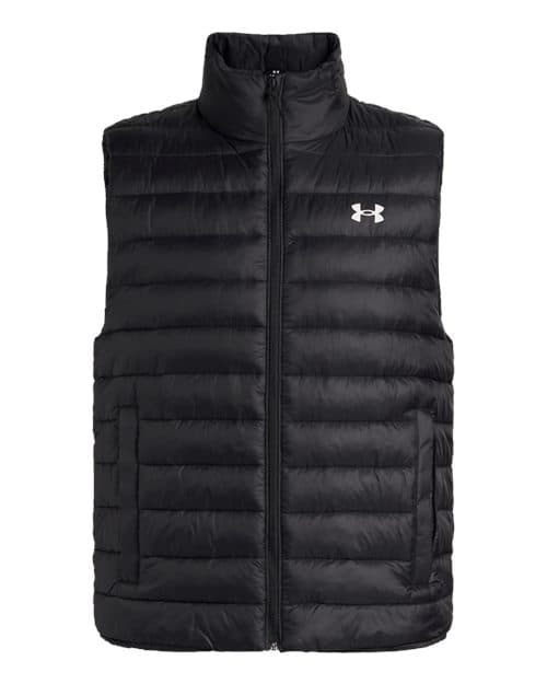 FLG Lacrosse Black/ White Men's Sportswear Insulated Vest, with the Lacrosse Block Logo Primary design, on the left chest, front view