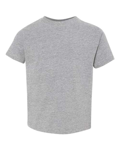 FLG Navy 2031 Heather Toddler Fine Jersey Tee, with the AAA Brush Script Stacked design, on the full chest, front view