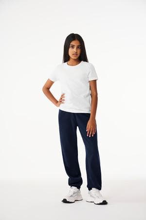 FLG Lacrosse Navy BELLA+CANVAS Youth Sponge Fleece Sweatpant, with the Script Lacrosse Be You R Best — Carolina & White design, on the left leg logo, front view